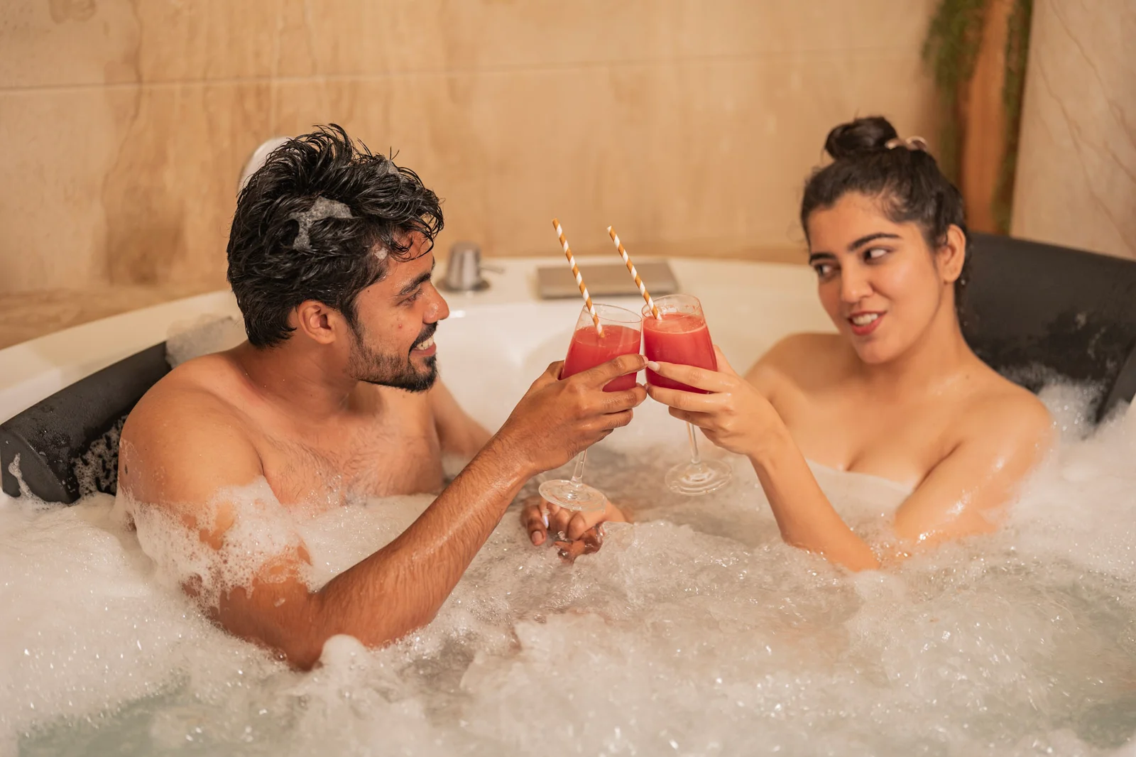 Couple enjoying post-spa refreshments together