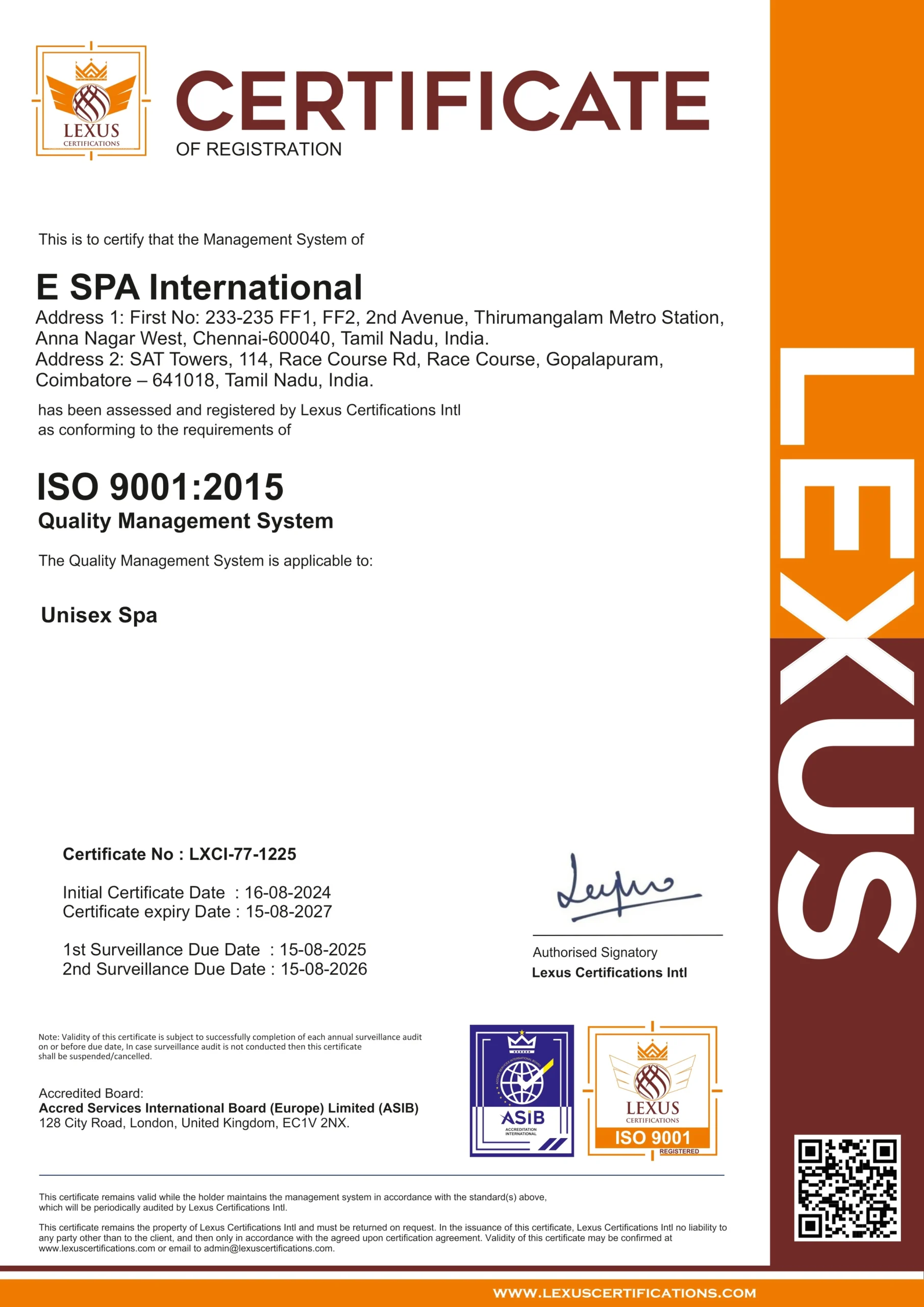 Lexus Certificate – Quality Management for E Spa Anna Nagar & Coimbatore