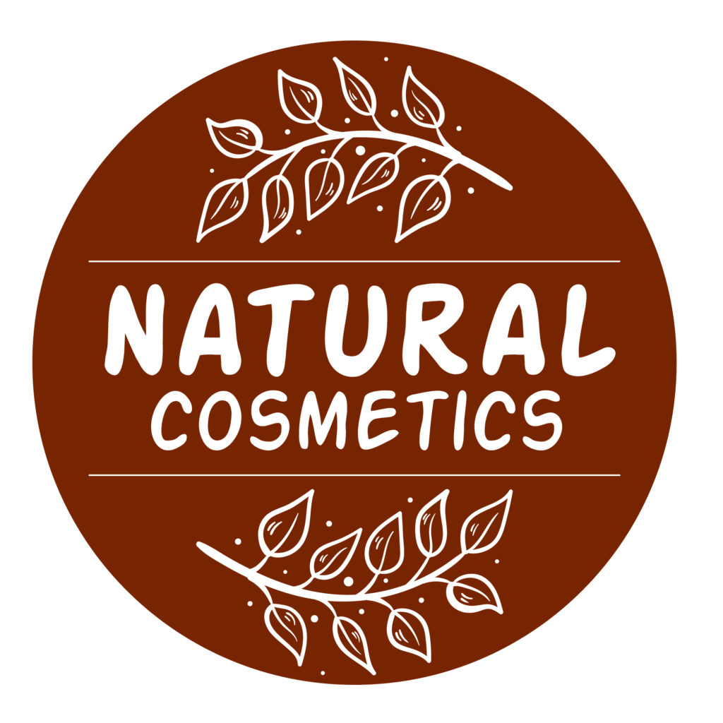 Natural Cosmetics badge with minimal botanical artwork